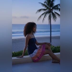 Ocean Drive Strapless Dress in Navy, Orange, and Pink